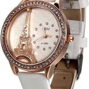 Bling Rhinestone Accented Eiffel Tower Pink Leather Watch Ladies Women Watches f